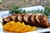 PORK TENDERLOIN w/orange rosemary glaze, orange balsamic sauce,mashed sweet potatoes & haricot verts